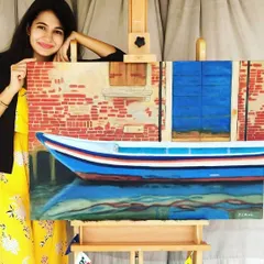 Here I am with the finished painting of a quiet Venice canal. Capturing the reflection on the water and the texture of the old brick wall was a joy. I create custom landscape paintings that transport you to your favorite places.