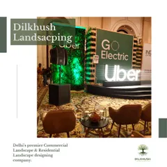 A view of the stage setup for the Uber "Go Electric" event. We designed and installed the green wall panels that frame the stage, bringing a natural element to the corporate presentation.