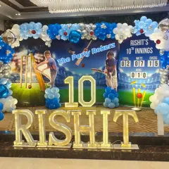 For all the young cricket fans, I create exciting cricket-themed birthday parties. This setup includes a custom stadium backdrop, life-sized cutouts of favorite players, and large marquee letters and numbers, making it a huge hit for a 10th birthday.