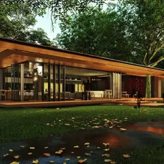 Another perspective of the Avadhani Estates render, highlighting the expansive wooden deck that extends the living space into the outdoors.