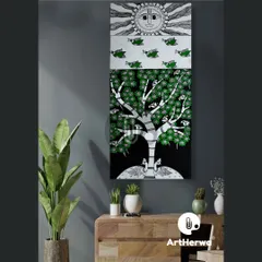 This vertical canvas art showcases our skill in traditional Indian art forms. The painting combines elements of folk art, featuring peacocks, a tree of life, and a radiant sun, creating a balanced and symbolic piece for home decor.