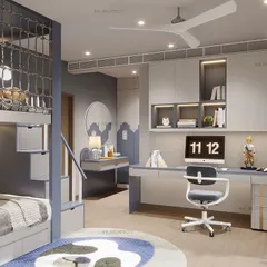 Transform your little one’s space into a superhero haven. This blue-themed room is perfect for adventure, featuring Star Wars posters on the wardrobe, a custom bunk bed, and a dedicated study area.