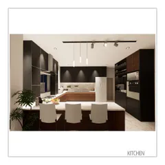 The open-plan kitchen features a dark, dramatic color scheme with warm wood accents and a functional island with seating. We designed it to be both a high-performance workspace and a stylish social hub.