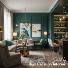 We design for your lifestyle. This living area seamlessly integrates a sophisticated home bar, complete with backlit shelving and high-stool seating, making it the perfect spot for both quiet evenings and entertaining guests.