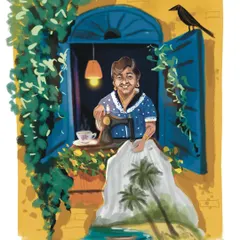 A beautiful moment captured in a custom digital painting. This artwork was commissioned as a heartfelt gift, weaving together personal elements like a love for sewing and the sea to create a truly meaningful portrait.