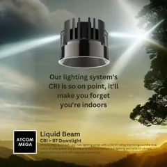 Our Liquid Beam downlight series features a CRI of over 97, meaning it renders colors almost perfectly. This graphic illustrates how our lighting makes you feel like you're outdoors by revealing the true, vibrant hues of your space.