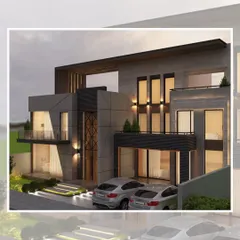 An example of my modern farmhouse architecture. The design uses a palette of concrete, dark slate, and wood accents, with strategically placed lighting to highlight its strong, geometric form after sunset.