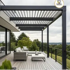 This sleek rafter pergola extends from the house, creating a seamless indoor-outdoor transition. Overlooking a stunning view, it provides a stylishly shaded area on the deck, perfect for enjoying the open air.