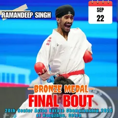 A promotional graphic for my Bronze Medal final bout at the 20th Senior Asian Karate Championship. Reaching this level is a testament to years of relentless training and preparation.