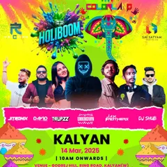The event poster for Holiboom in Kalyan. The branding uses vibrant colors and festive elements that immediately communicate the energy of a Holi celebration.