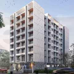 A 3D render for an upcoming commercial cum residential building in Taloja. The design for this Stilt+7 structure features a clean, minimalist facade with defined lines, providing a sophisticated look suitable for its mixed-use purpose.