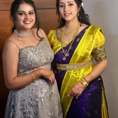 There's no better friend than a sister. Here are Vaibhavi and Upasana, for whom I created complementary looks for a wedding event. One in a traditional saree and the other in a modern gown.
