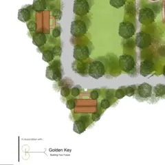 Our landscape architecture focuses on integrating individual structures within a lush, green environment. This detailed view shows how pathways and cottages are nestled among planned green spaces to create a sense of privacy and connection to nature.