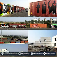This collage documents the process of creating a large-scale event installation, from painting graffiti art on the containers to stacking them into a massive structure for a go-karting event.