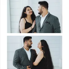 A collage of classic and elegant portraits from a studio pre-wedding shoot. The clean, white background puts all the focus on the couple's expressions and their happy connection.