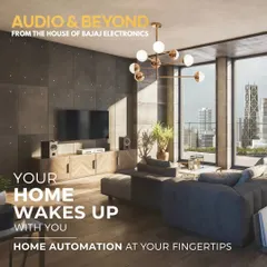 Your home wakes up with you. This image visualizes the concept of home automation, where your entire environment, from the TV and speakers to the lighting, is ready for you at the start of your day, all at your fingertips.