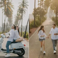 Playful moments on a scooter ride through Goa's palm-lined roads. This captures the fun and carefree vibe of a destination pre-wedding shoot.