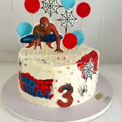 A fun Spider-Man cake for a 3rd birthday, with a cool brick wall effect and web details.