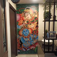 For this home, I installed a vibrant and detailed Radha Krishna mural in the traditional Kerala style. It serves as a beautiful spiritual focal point, bringing color, culture, and a sense of devotion to the space.