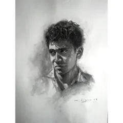 This charcoal portrait captures a moment of quiet contemplation. The strong contrast between the dark, shaded background and the brightly lit side of his face creates a dramatic, focused effect.