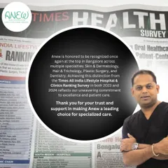 We are honored to be recognized once again as a top clinic in Bangalore across Skin & Dermatology, Hair, Plastic Surgery, and Dentistry by the Times All India Lifestyle Hospital & Clinics Ranking Survey for 2023 and 2024.
