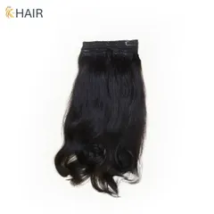 A product shot of our wavy clip-in hair extension set. Made from 100% real human hair, it's perfect for adding natural-looking volume and texture.