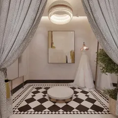 A special bridal section within a designer boutique. The checkered floor, limewash walls, and dramatic curtains create a private and luxurious space for clients, blending classic Victorian elegance with modern design.