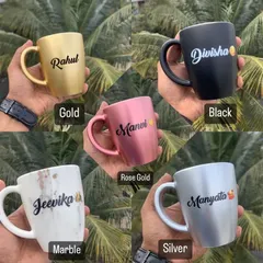 My collection of non-breakable polymer bistro mugs. Available in gold, black, rose gold, marble, and silver finishes, these 300 ml mugs can be customized with a name for a perfect secret Santa or corporate gift.