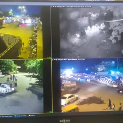This monitor displays feeds from different camera technologies at once. It includes a standard color camera, a black-and-white infrared night vision camera, and a thermal camera for maximum detection capability.