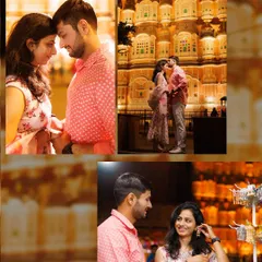A collage showcasing different facets of a Jaipur night shoot. It includes an intimate portrait, a grand shot in front of Hawa Mahal, and a candid moment in a local bazaar, demonstrating the variety we can capture in one session.