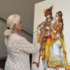 We were honored to have renowned artist Sumitra Ahlawat Ji give a live demonstration at our 'Anant ki Aur' Art Exhibition. Here she is, painting a beautiful depiction of Radha and Krishna.