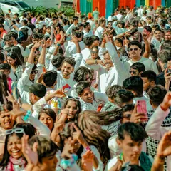The incredible, energetic crowd in Ranchi for a Holi celebration. Everyone came dressed in white, ready to be covered in color.