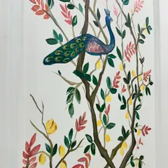 A detailed shot of the peacock perched on a branch. I love painting these majestic birds, focusing on the beautiful colors and patterns of their feathers.