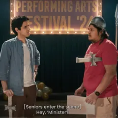 Character styling can also be about humor. For this scene in the Casio ad, I created a funny, slightly awkward look with a prop sword and helmet to fit the comedic context of a college play rehearsal.