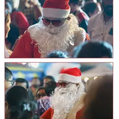 Even Santa needs to be cool! Our roaming Santa Claus entertainer, complete with sunglasses, mingles with the crowd at a Christmas carnival, creating fun and memorable interactions.