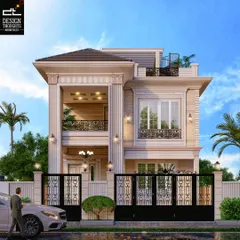 This classical villa on a 32x78 plot showcases timeless elegance. The design features prominent columns, ornate railings, and large bay windows, creating a home that is both grand and filled with natural light.