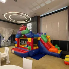 This Lego-themed bouncy castle features a slide and is perfect for indoor venues like banquet halls. Its vibrant colors and block design are a hit with kids for themed birthday parties.