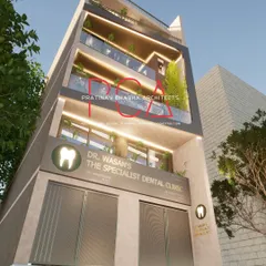 A photorealistic 3D visualization for an ongoing luxury project in Mukherjee Nagar, New Delhi. This render demonstrates my process of using geometric angular projections and harmonious material palettes to conceptualize a mixed-use building that houses both a residence and a specialist dental clinic.