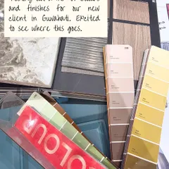 Testing out a mix of colors and finishes for a new client in Guwahati. This is a critical part of the design process, where we play with different combinations to find the perfect palette that reflects the client's personality.
