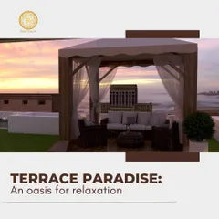 A terrace paradise and an oasis for relaxation. This design features a wooden gazebo with flowing curtains, creating a perfect spot to unwind and enjoy the sunset.