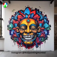 A finished graffiti mural featuring a colorful, mask-like face. This style of art is perfect for adding an urban, contemporary edge to a building, creative studio, or commercial space.