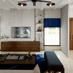 A view of the living area from Project Yūgen, showcasing a balanced layout with a comfortable sofa, a sleek media unit, and a glass block partition that separates the space while maintaining an open, airy feel.