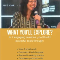 In our 7-week 'Confident Speaker' workshop, you'll explore powerful tools through voice and breath work, expression and body language, and real-world speaking practice. These are techniques you'll use for life.