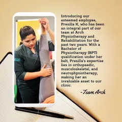 Introducing Dr. Presilla K, an invaluable member of our team specializing in orthopaedic, musculoskeletal, and neurophysiotherapy. She is dedicated to providing compassionate and effective care.