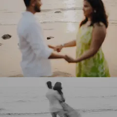 Two moments in time, one in motion and one in monochrome. This creative composition from a beach pre-wedding shoot tells a story of both playful energy and timeless connection.