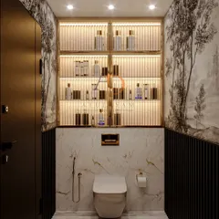 A powder room with dramatic black-and-white wallpaper, a marble-clad wall, and a backlit display niche above the toilet.