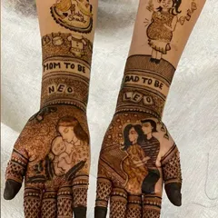 This design was so special, created for a fellow artist. It includes a portrait of the expecting couple, a mother holding her newborn, and even the parents' nicknames, "NEO" and "LEO," for a truly personal touch.