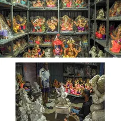 The workshop of a Ganpati 'murtikar', filled with idols in various stages of completion. This photo captures the scale of the work and the anticipation in the air as the entire community prepares to welcome Bappa.