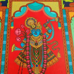 A close-up of the completed Srinathji, the central figure in my large Pichwai painting. The deep blue of his skin, the intricate jewelry, and the garland of lotuses are all painted with devotion to capture his divine presence.