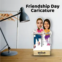 A cute caricature for two best friends, showing them as classmates. The wooden base can be personalized with a special message.